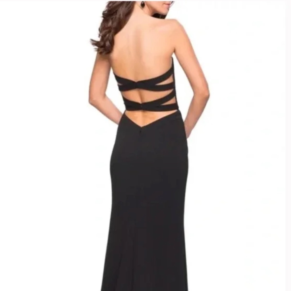 La Femme Strapless Double Cross Back Gown Black